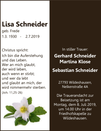 Traueranzeige von Lisa Schneider von SYK