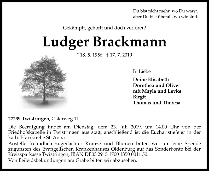  Traueranzeige für Ludger Brackmann vom 19.07.2019 aus SYK