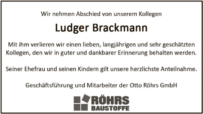  Traueranzeige für Ludger Brackmann vom 20.07.2019 aus SYK