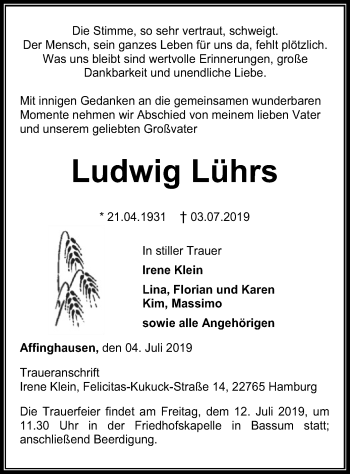 Traueranzeige von Ludwig Lührs von SYK