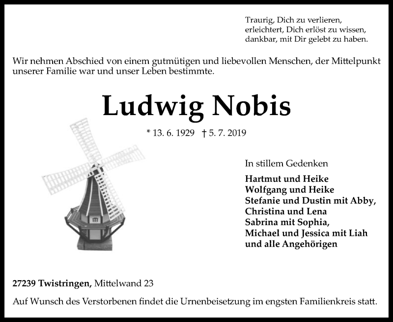  Traueranzeige für Ludwig Nobis vom 09.07.2019 aus SYK