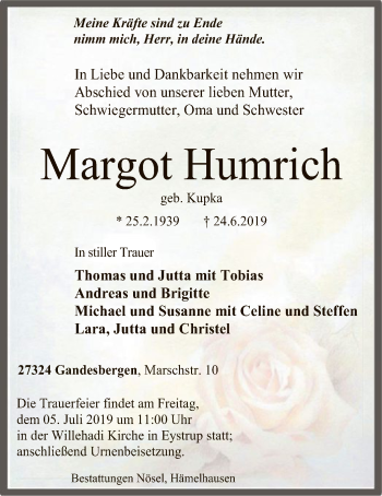 Traueranzeige von Margot Humrich von SYK