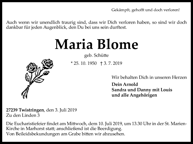  Traueranzeige für Maria Blome vom 06.07.2019 aus SYK