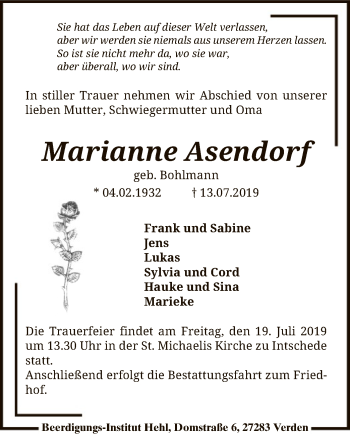 Traueranzeige von Marianne Asendorf von SYK