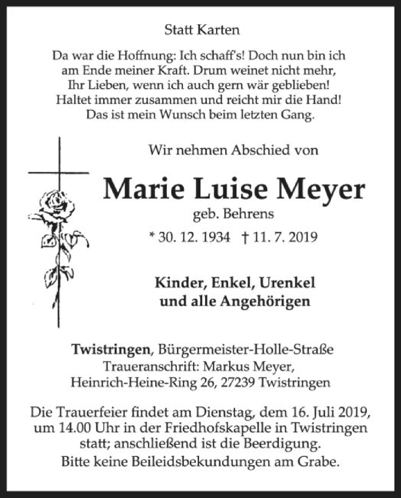  Traueranzeige für Marie Luise Meyer vom 15.07.2019 aus SYK
