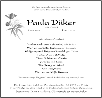 Traueranzeige von Paula Düker von SYK