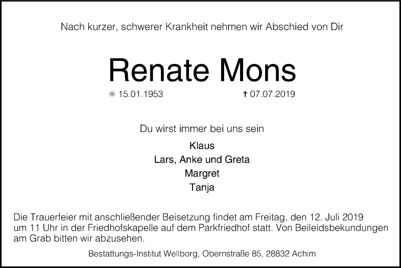  Traueranzeige für Renate Mons vom 10.07.2019 aus SYK