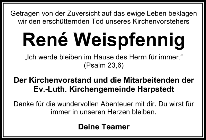 Traueranzeige für Rene Weispfennig vom 18.07.2019 aus SYK