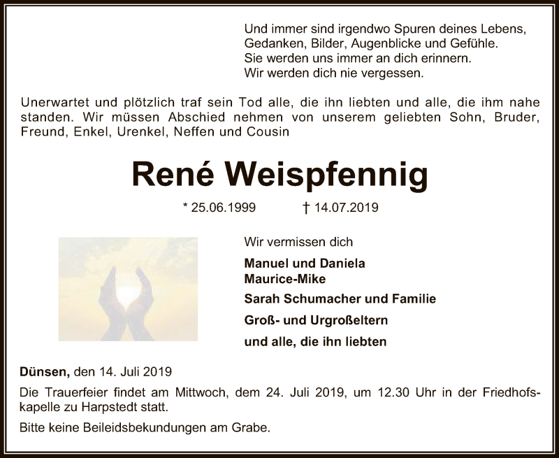  Traueranzeige für Rene Weispfennig vom 18.07.2019 aus SYK