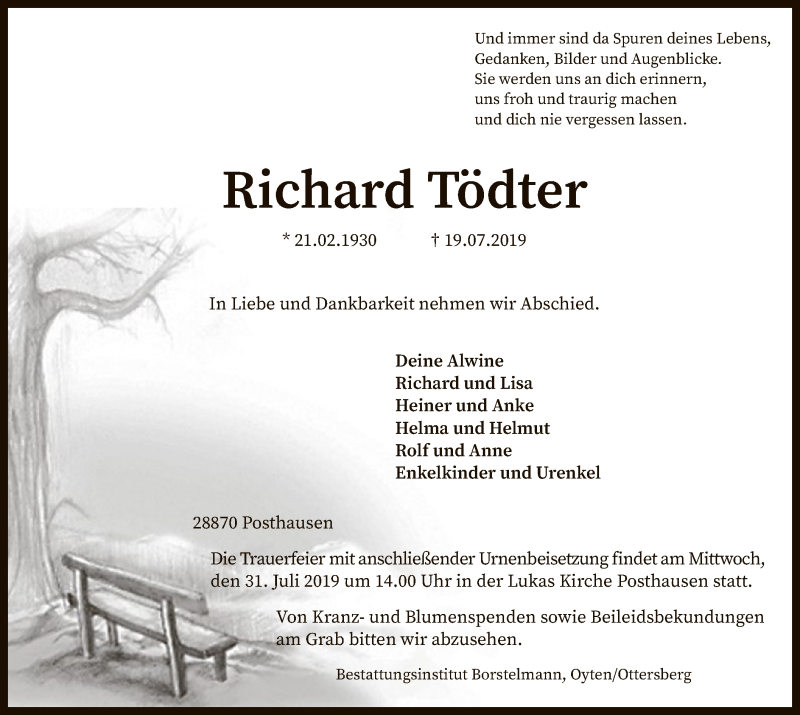  Traueranzeige für Richard Tödter vom 23.07.2019 aus SYK