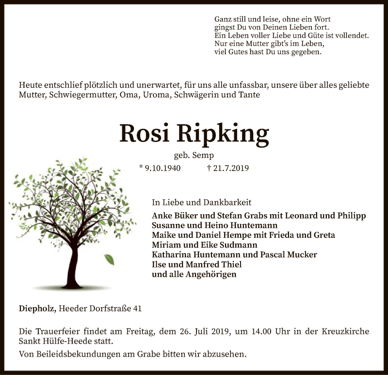  Traueranzeige für Rosi Ripking vom 23.07.2019 aus SYK