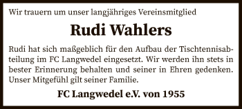 Traueranzeige von Rudi Wahlers von SYK