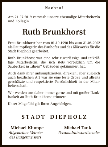 Traueranzeige von Ruth Brunkhorst von SYK