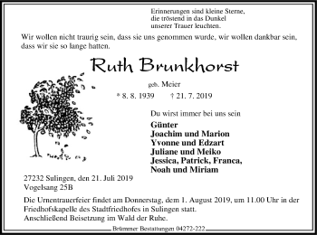 Traueranzeige von Ruth Brunkhorst von SYK