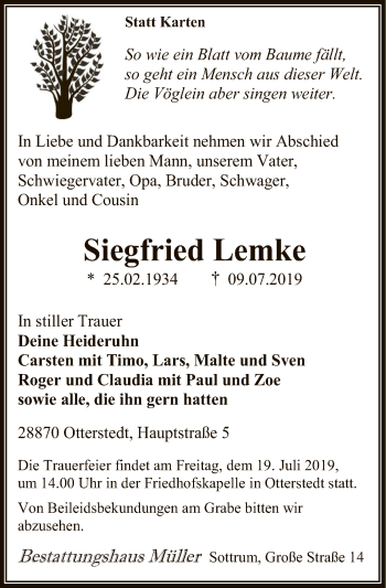 Traueranzeige von Siegfried Lemke von SYK