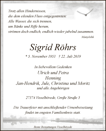 Traueranzeige von Sigrid Röhrs von SYK