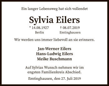 Traueranzeige von Sylvia Eilers von SYK