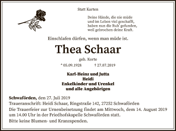 Traueranzeige von Thea Schaar von SYK