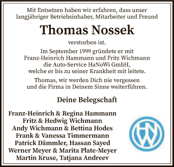 Traueranzeige von Thomas Nossek von SYK