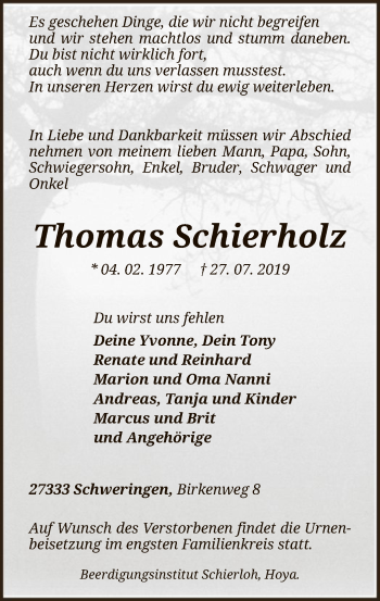 Traueranzeige von Thomas Schierholz von SYK