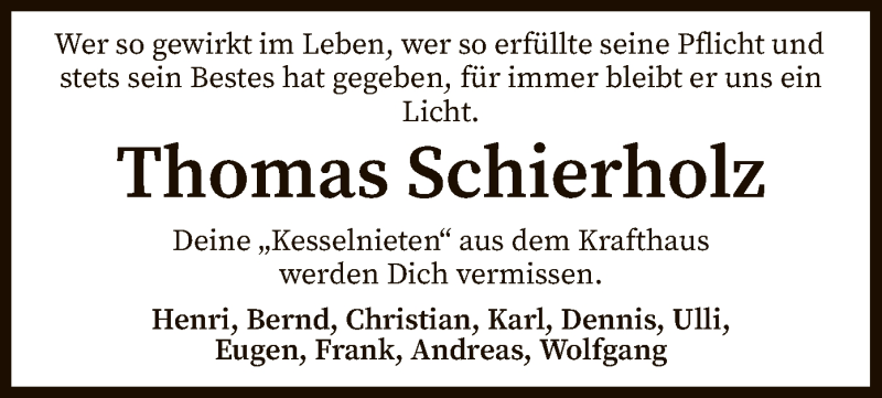  Traueranzeige für Thomas Schierholz vom 31.07.2019 aus SYK