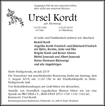 Traueranzeige von Ursel Kordt von SYK