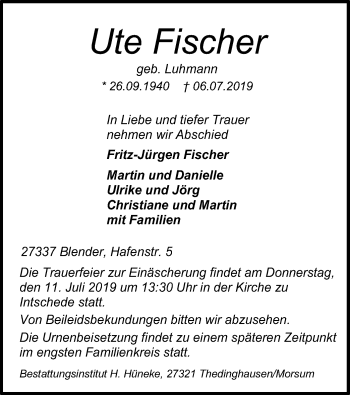 Traueranzeige von Ute Fischer von SYK