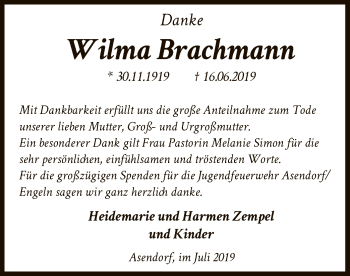 Traueranzeige von Wilma Brachmann von SYK