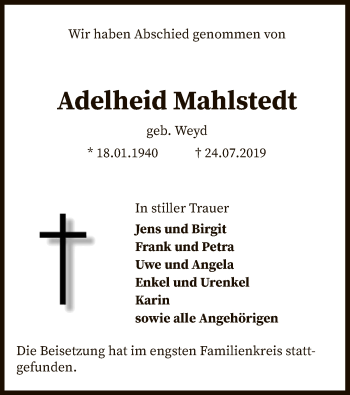 Traueranzeige von Adelheid Mahlstedt von SYK