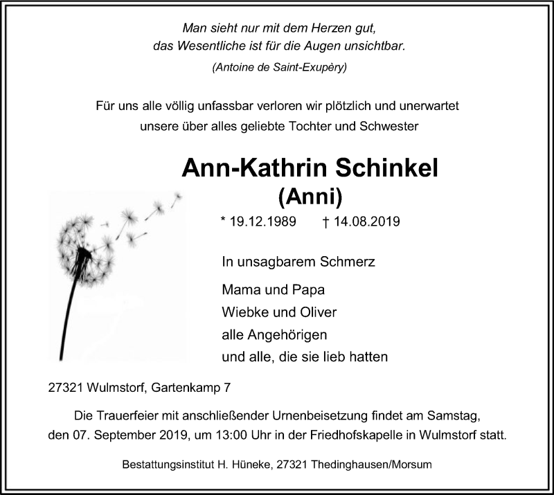  Traueranzeige für Ann-Kathrin Schinkel vom 30.08.2019 aus SYK