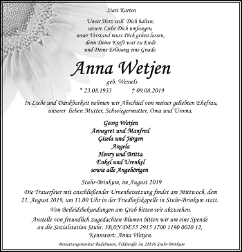 Traueranzeige von Anna Wetjen von SYK