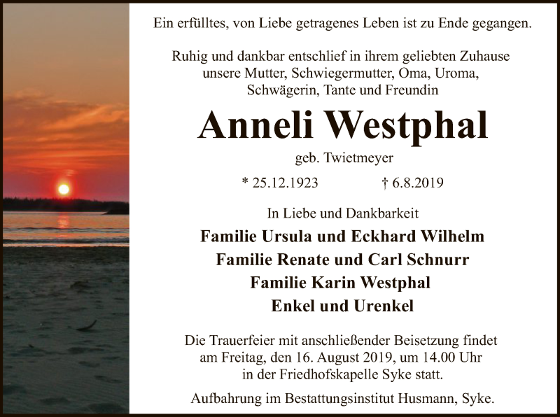  Traueranzeige für Anneli Westphal vom 10.08.2019 aus SYK