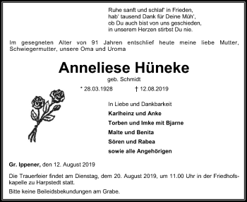 Traueranzeige von Anneliese Hüneke von SYK