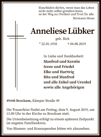 Traueranzeige von Anneliese Lübker von SYK