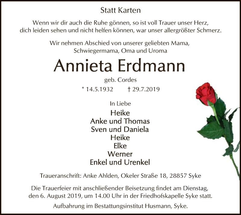  Traueranzeige für Annieta Erdmann vom 01.08.2019 aus SYK