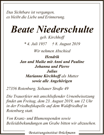 Traueranzeige von Beate Niederschulte von SYK