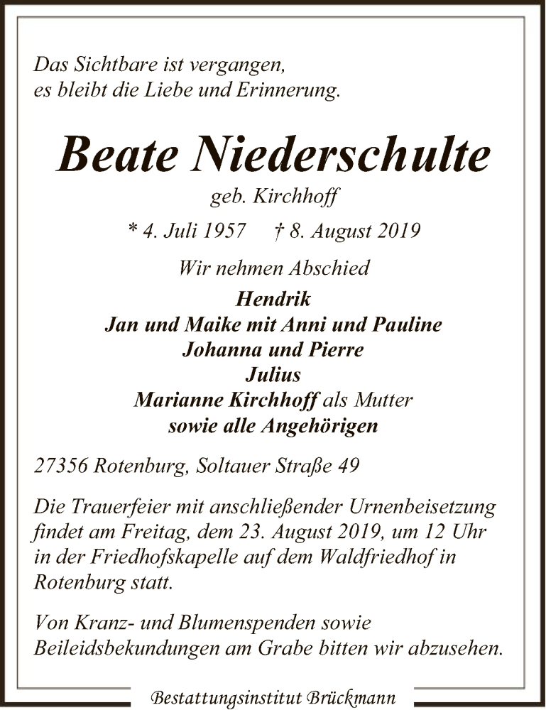  Traueranzeige für Beate Niederschulte vom 17.08.2019 aus SYK