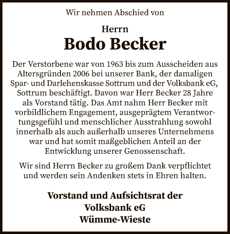  Traueranzeige für Bodo Becker vom 10.08.2019 aus SYK