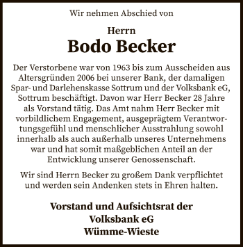 Traueranzeige von Bodo Becker von SYK