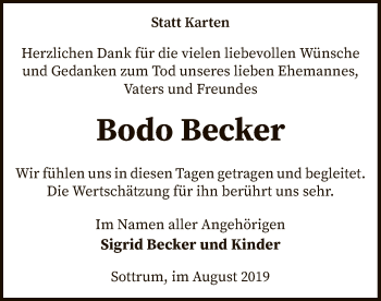 Traueranzeige von Bodo Becker von SYK