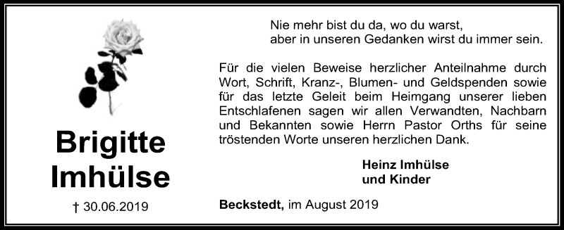  Traueranzeige für Brigitte Imhülse vom 10.08.2019 aus SYK