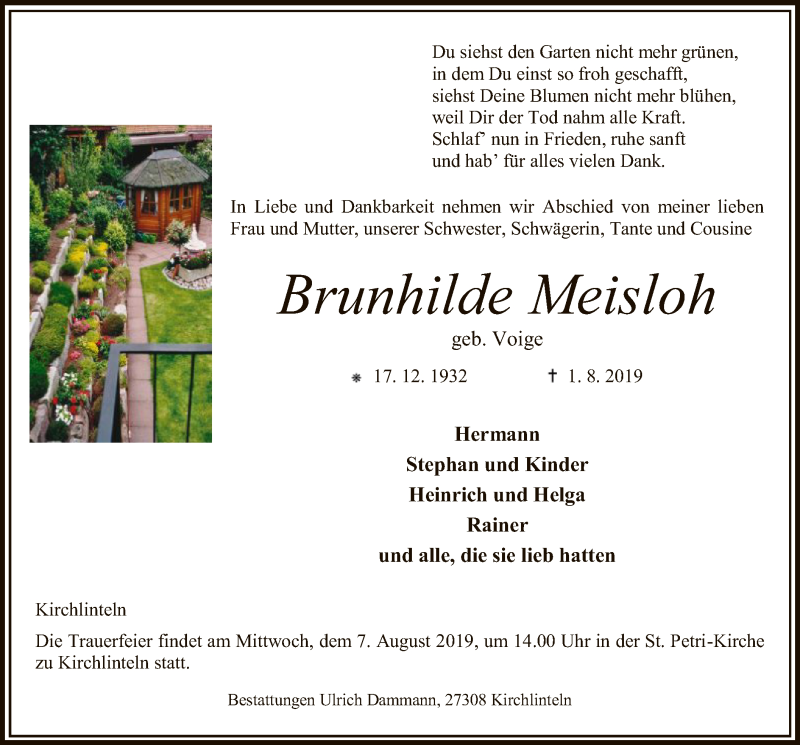  Traueranzeige für Brunhilde Meisloh vom 03.08.2019 aus SYK