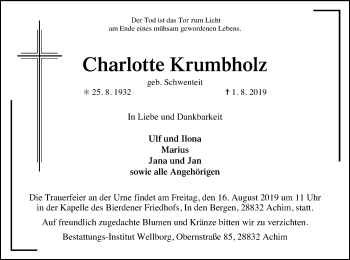 Traueranzeige von Charlotte Krumbholz von SYK