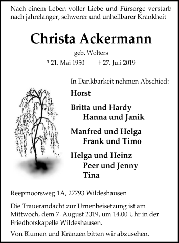 Traueranzeige von Christa Ackermann von SYK