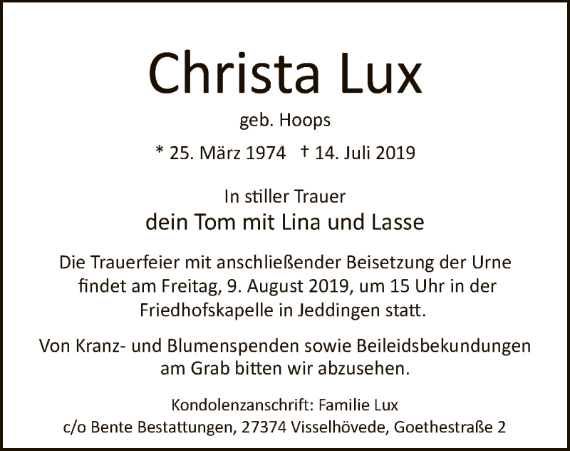  Traueranzeige für Christa Lux vom 07.08.2019 aus SYK