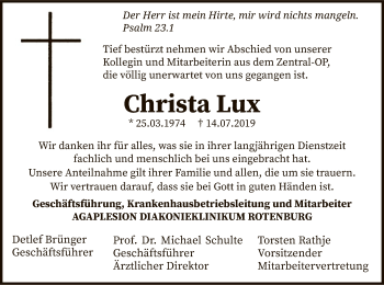 Traueranzeige von Christa Lux von SYK