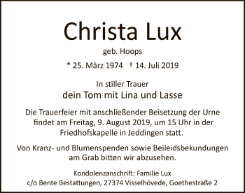 Traueranzeige von Christa Lux von SYK