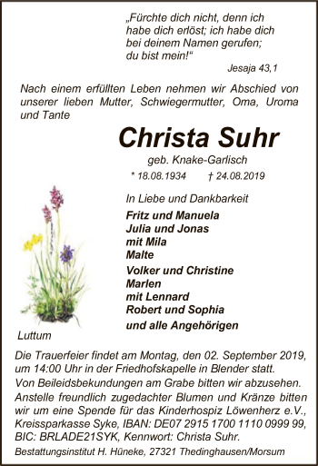 Traueranzeige von Christa Suhr von SYK