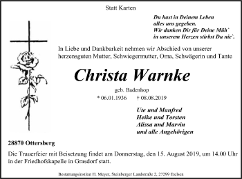 Traueranzeige von Christa Warnke von SYK