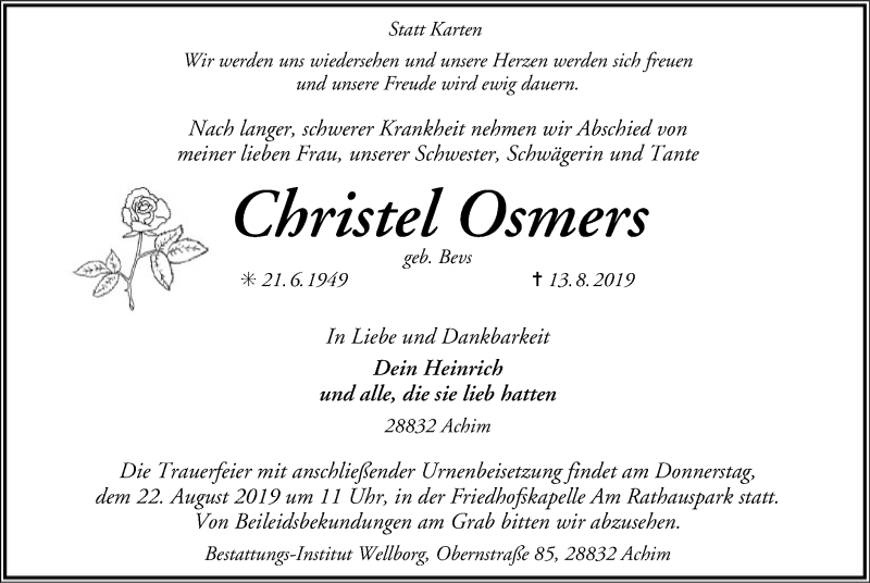  Traueranzeige für Christel Osmers vom 17.08.2019 aus SYK